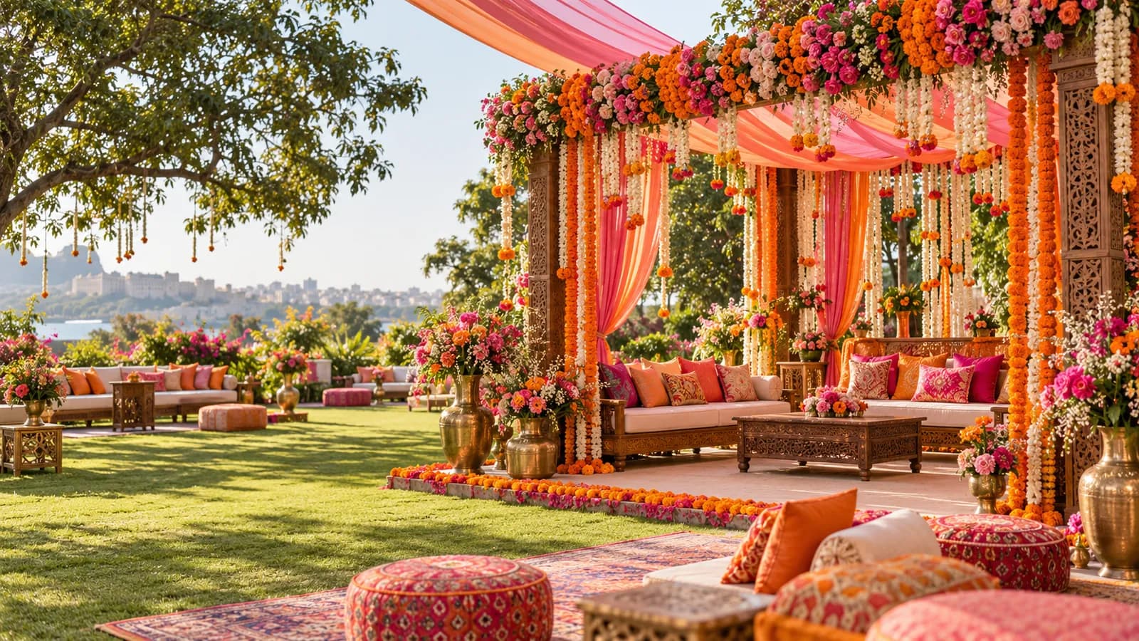 Illustrative Indian celebration setting with marigold flowers and colourful textile seating